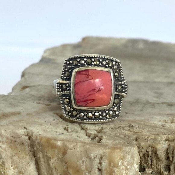 Sterling Silver 925 Square Pink Swirl Enamel Marcasite Halo Ring Sz 6.75 6g - Picture 2 of 16
